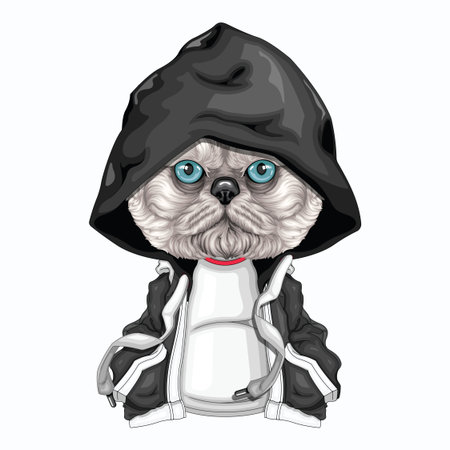 Funny dog in a black jacket and hat. Vector illustration.のイラスト素材