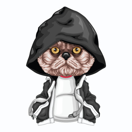 Cute cat in a black raincoat. Vector illustration on white background.のイラスト素材