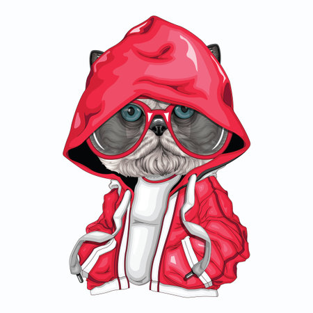 Funny dog in a red raincoat and sunglasses. Vector illustrationのイラスト素材