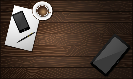 Top view of the wooden working place with the pen, blank white paper, coffee, tablet and mobile phoneのイラスト素材