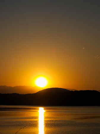 sunset at the tama lakeの写真素材