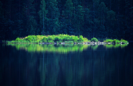 Small islet covered with vegetation. Background trees and forest in shade.の写真素材