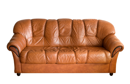 Brown leather sofa isolated on white background.の写真素材