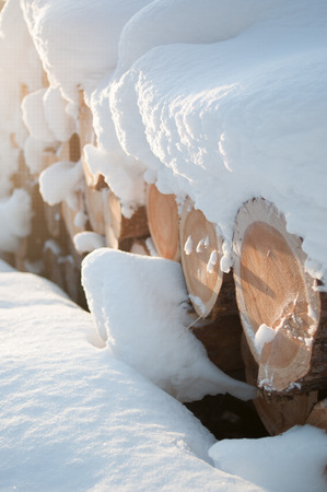 Snow covered log pileの写真素材