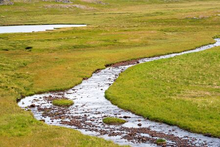 Meandering mountain creek running through tundra landscape, creek banks covered with green grass growth, Finnmark Norwayの写真素材
