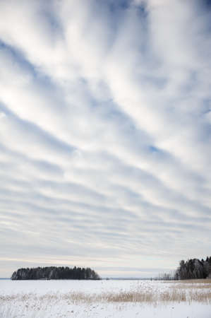 Winter landscape on the shore of a frozen lake. Clouds in the sky.の写真素材