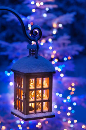 Lantern with Christmas lightsの写真素材