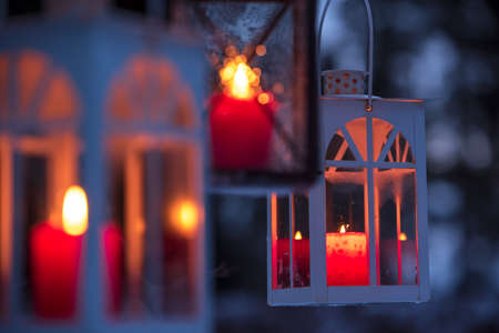 Lanterns hanging from tree branches. Selective focus and shallow depth of field.の写真素材