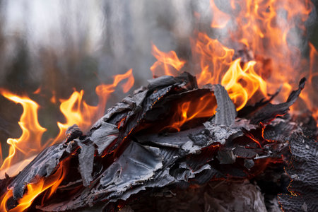 Pile of burning cardboard and waste paper