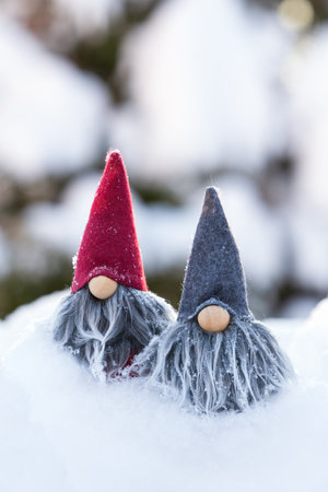 Cute two grey bearded gnomes in snow against bokeh winter forest background.