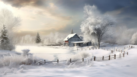 Painting of a beautiful winter landscape. Old cottage in snowy landscape, cinematic light. Ai generated.の素材