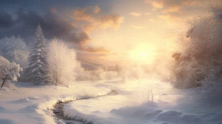 Painting of a beautiful winter landscape. River flowing through a snowy forest landscape in the morning cinematic light. Ai generated.の素材