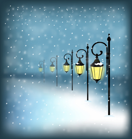 Lanterns stand in snowfall on blue backgroundのイラスト素材
