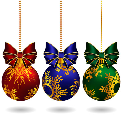 Three multicolored christmas balls with bows hanging on chain isolated on white backgroundのイラスト素材