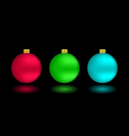 Three self-illuminated Christmas balls with reflection isolated on black backgroundのイラスト素材