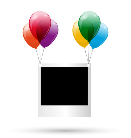 Photoframe flying on multicolor air balls on white backgroundのイラスト素材