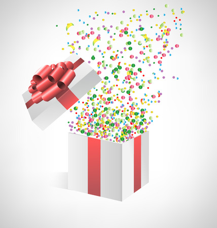 Multicolored confetti with open gift box on grayscale backgroundのイラスト素材