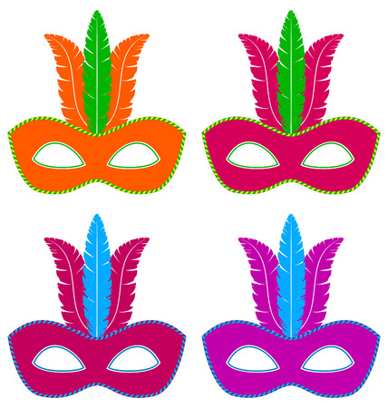 Four multicolored flat masks with feathers isolated on white backgroundのイラスト素材