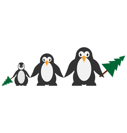 Penguins family with Christmas tree isolated on whiteのイラスト素材