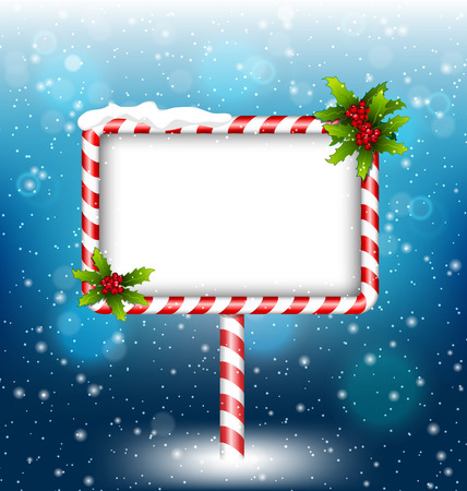 candy cane billboard with holly sprigs in snowfall on blue backgroundのイラスト素材