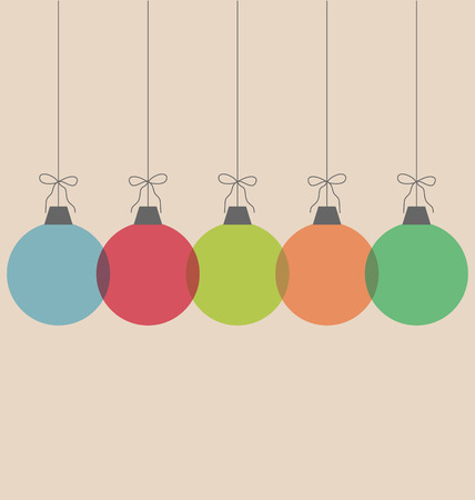 Five multicolored simple Christmas balls with bows isolated on beige backgroundのイラスト素材