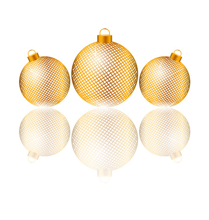 Three golden netting Christmas balls with reflection on white backgroundのイラスト素材