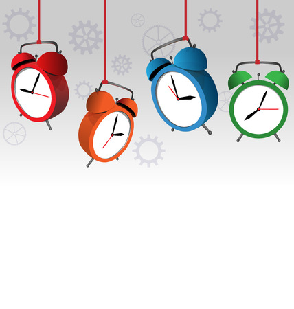 Four multicolored alarm clocks on gray backgroundのイラスト素材