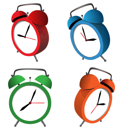 Four multicolored alarm clocks isolated on white backgroundのイラスト素材