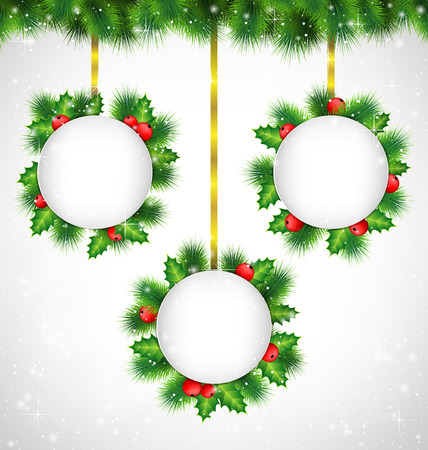 Three grayscale circle blank frames with holly sprigs and pine branches hanging on golden ribbons on pine in snowfall on grayscale backgroundのイラスト素材