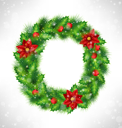 Christmas wreath with holly sprigs, pine branches and flowers of poinsettia in snowfall on grayscale backgroundのイラスト素材