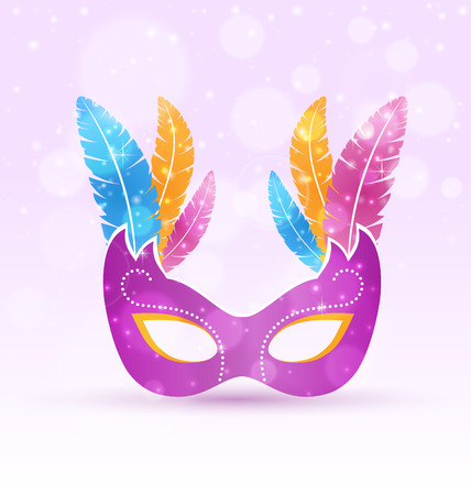Violet carnival flat mask with multicolored feathers on violet backgroundのイラスト素材