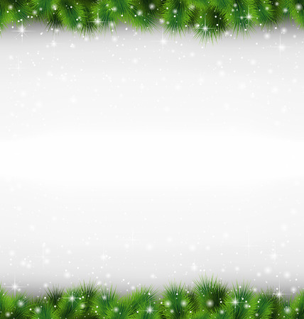 Shiny green pine branches like frame in snowfall on grayscale backgroundのイラスト素材