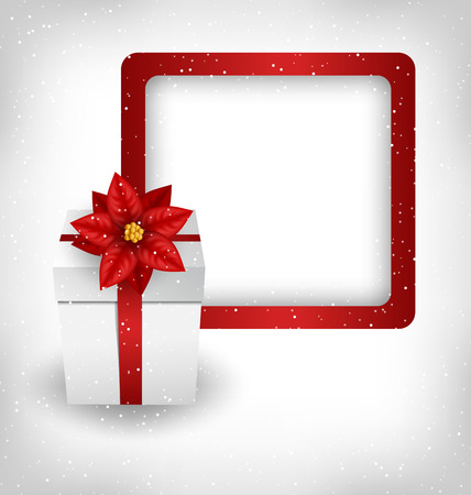 Christmas gift box with flower of poinsettia and red frame in snowfall on grayscale backgroundのイラスト素材