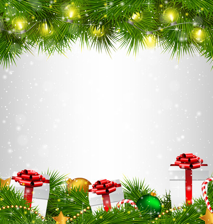 Shiny Christmas tree with gift boxes and led Christmas lights like frame on grayscale backgroundのイラスト素材