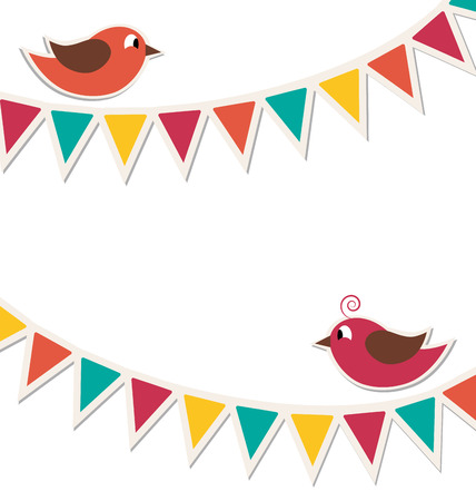 Two cute birds with flat buntings garlands isolated on white backgroundのイラスト素材