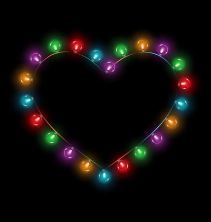 Multicolored glassy lights like heart frame isolated on black backgroundのイラスト素材