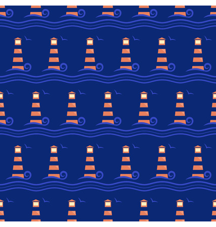 Seamless sea pattern. Lighthouse with light blue wave on blue backgroundのイラスト素材
