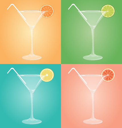 Empty glasses for martini with citrus and plastic tube on different multicolored backgroundsのイラスト素材