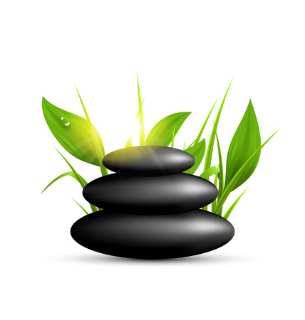 Stack of spa stones with grass and sunshine isolated on white backgroundのイラスト素材