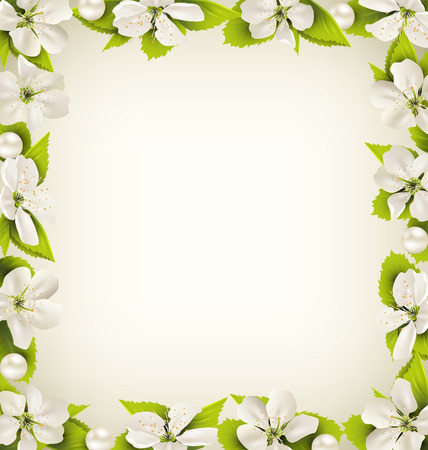 Cherry flowers with pearl beads like frame on beige backgroundのイラスト素材