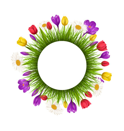 Circle frame with green grass and flowers isolated on white backgroundのイラスト素材