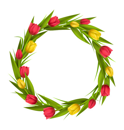 Circle frame with tulips red and yellow flowers isolated on white backgroundのイラスト素材
