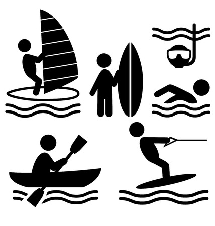 Summer water sport pictograms flat people icons isolated on white backgroundの写真素材