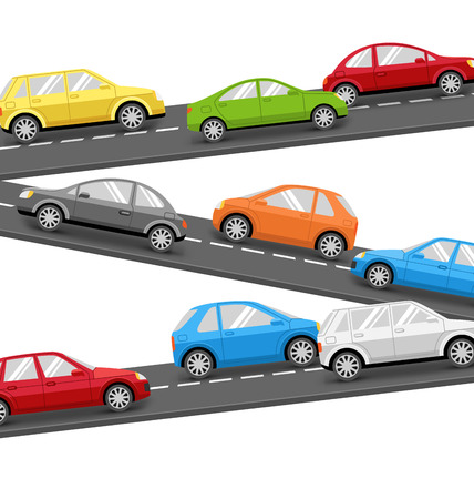 Multicolored Cars on Road. Vector Transport Backgroundのイラスト素材