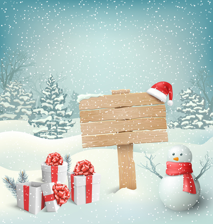 Winter Christmas Background with Wooden Signpost Snowman and Gift Boxes