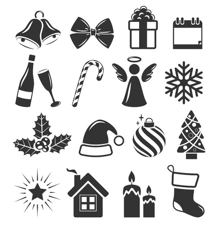 Set of Christmas Holidays Icons Pictograms Flat Black Isolated on White Backgroundのイラスト素材