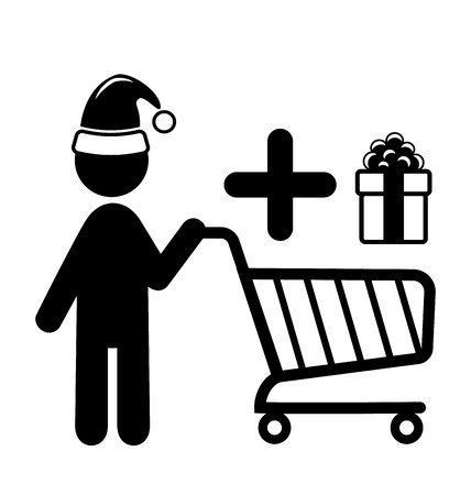Christmas Shopping Man with Cart and Gift Flat Black Pictogram Icon Isolated on White Backgroundのイラスト素材