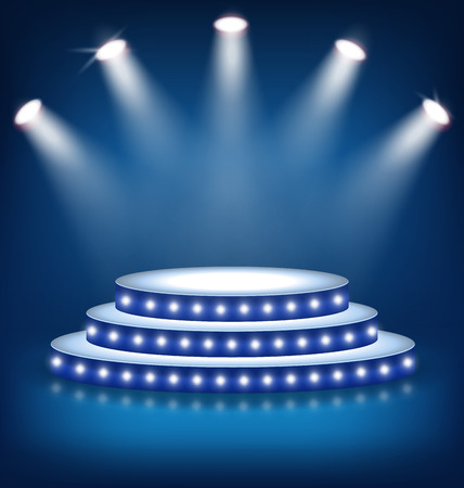 Illuminated Festive Stage Podium with Lamps on Blue Backgroundのイラスト素材