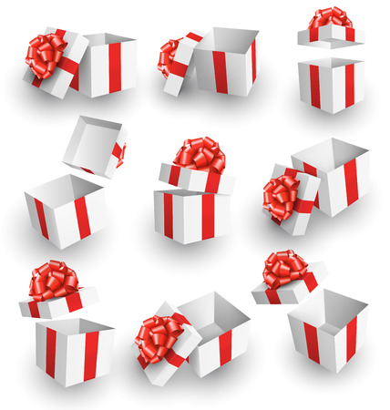 Set Collection of White Celebration Gift Boxes with Red Bows Isolated on White Backgroundのイラスト素材