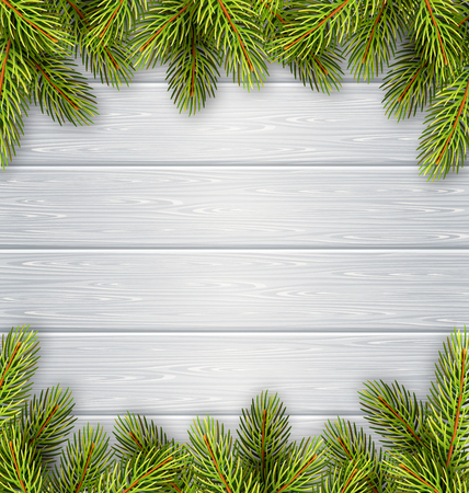 Christmas Tree Pine Branches Like Frame on White Wooden Backgroundのイラスト素材